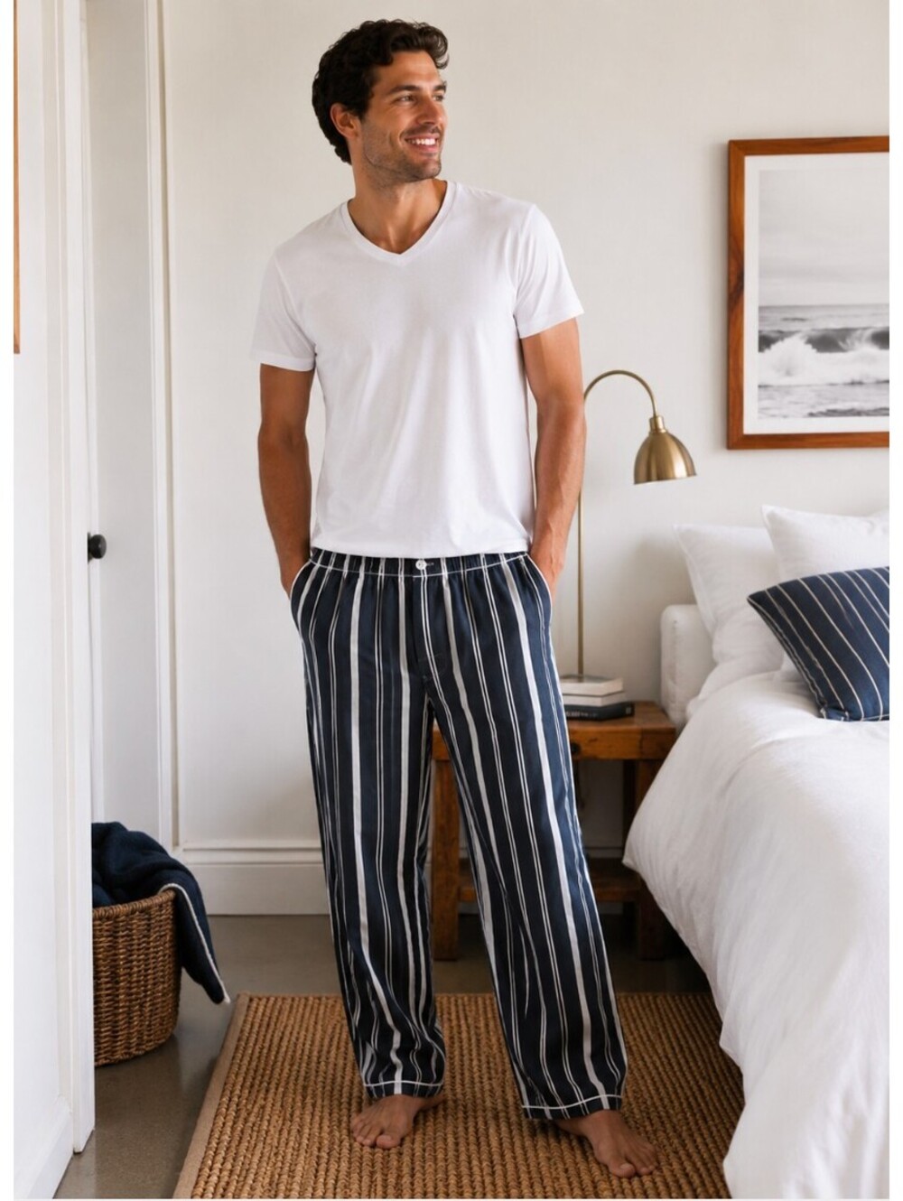 Sleepy Jones Navy Multi Stripe Pajama Pants 100% Cotton Men's Medium